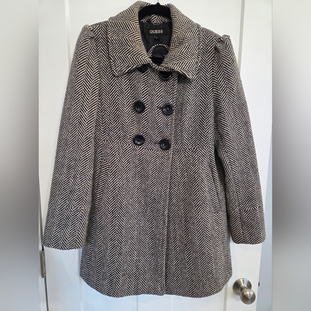 Guess Black and White Herringbone Women's Coat- Medium